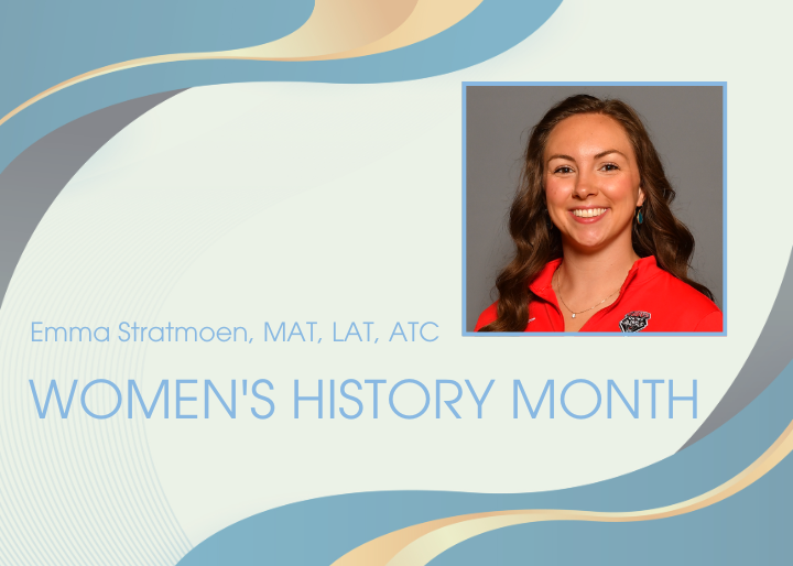 Portrait of Emma Stratmoen, with text "Emma Stratmoen, MAT, LAT, ATC, WOMEN'S HISTORY MONTH"